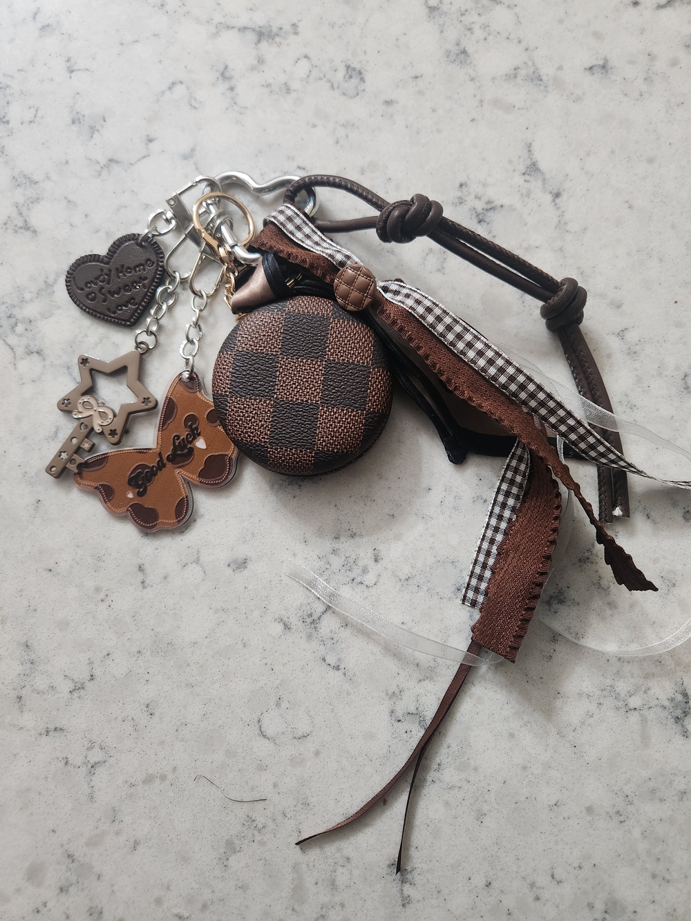Brown Checker Mirror Keychain With Tassels